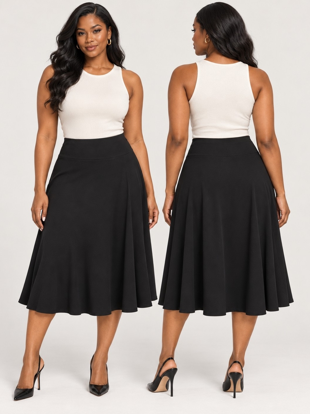 Denver Hayes Black A-Line Midi Skirt Size M Pull-On Stretch Flare Career